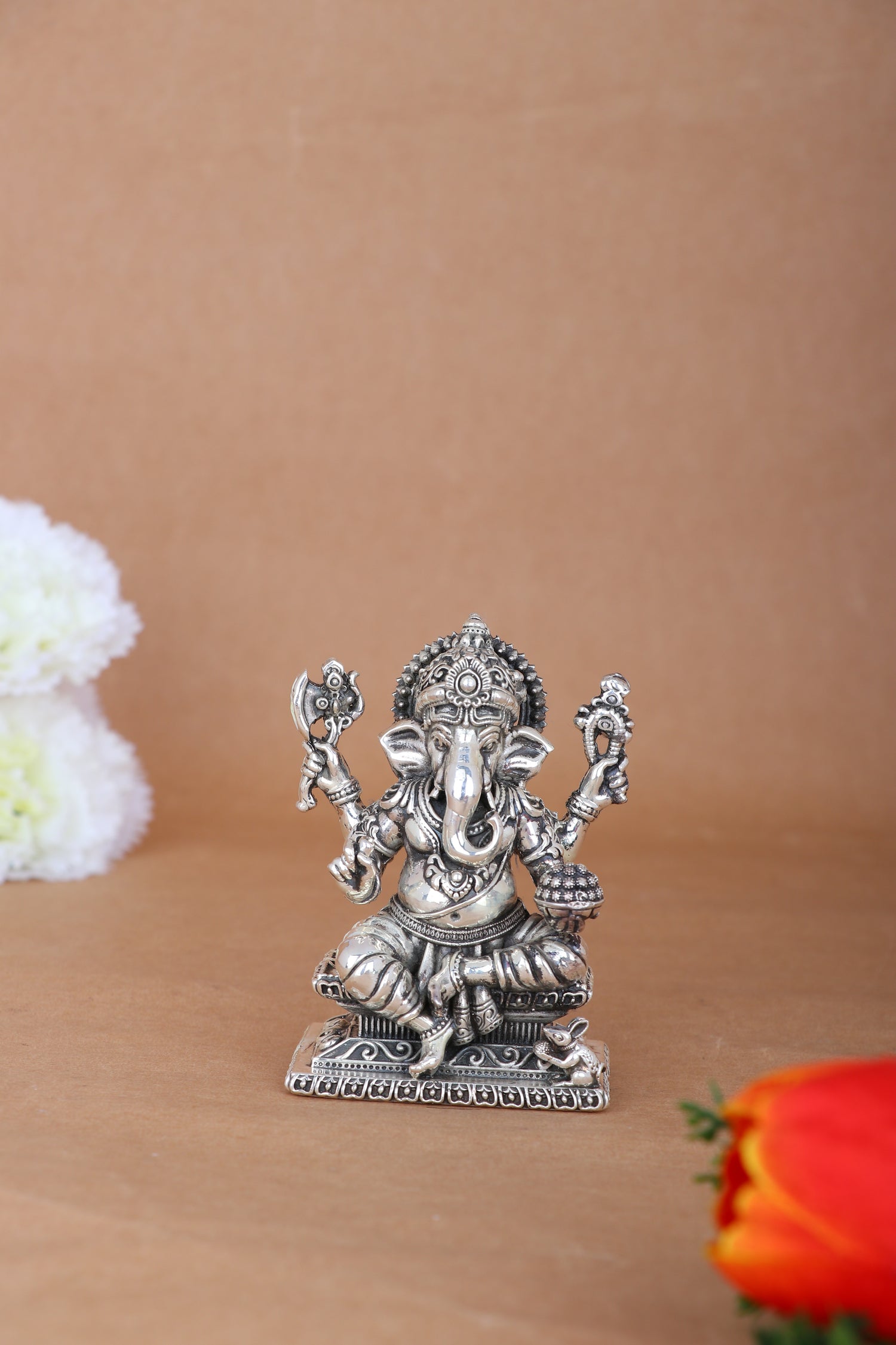 Pure 925 Silver Ganesha Idol – 313g Throne Dancing Vinayaka Statue