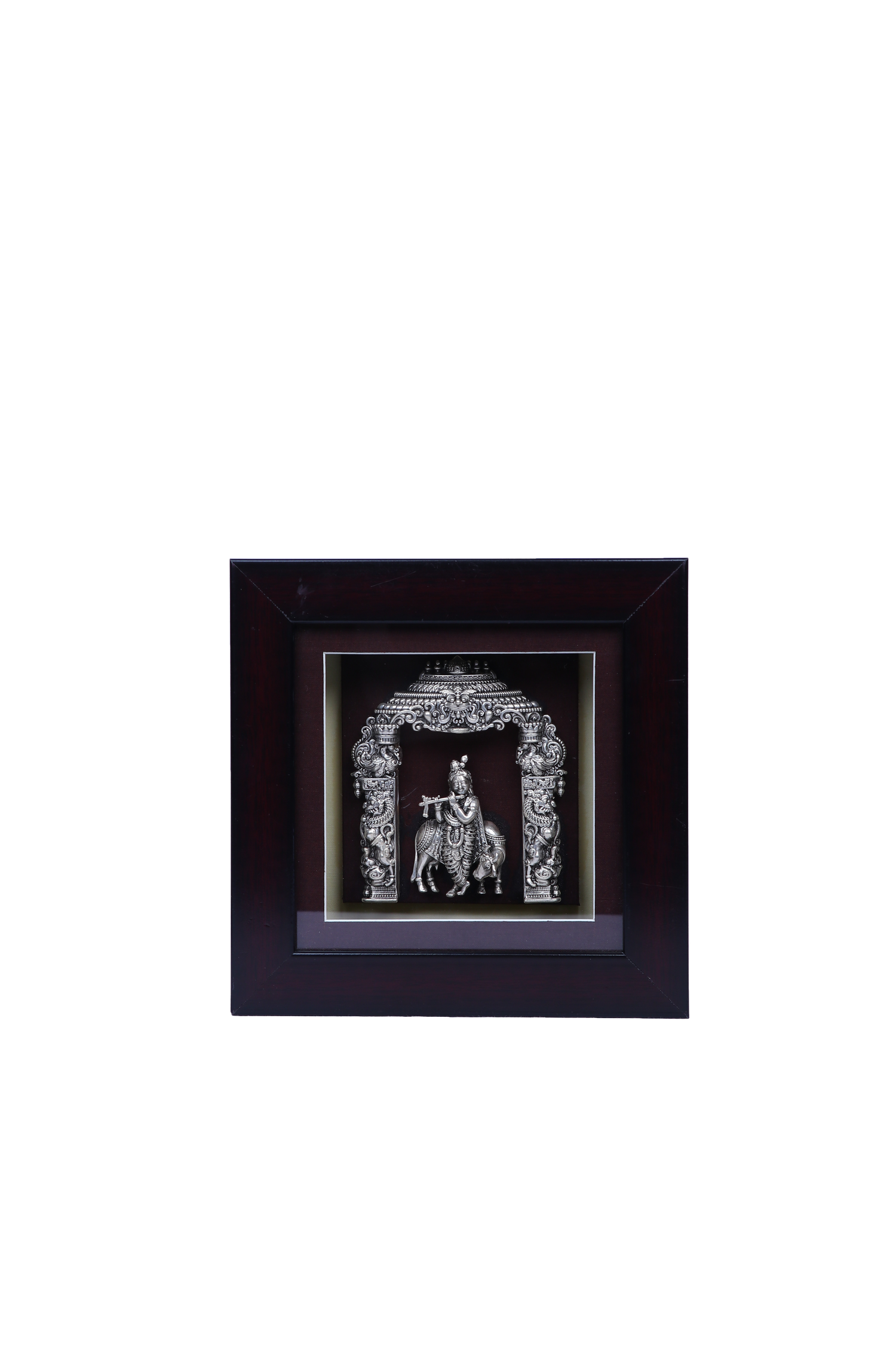 Silver Krishna with Cow Frame (8.6x7.5") for Pooja Mandir Art