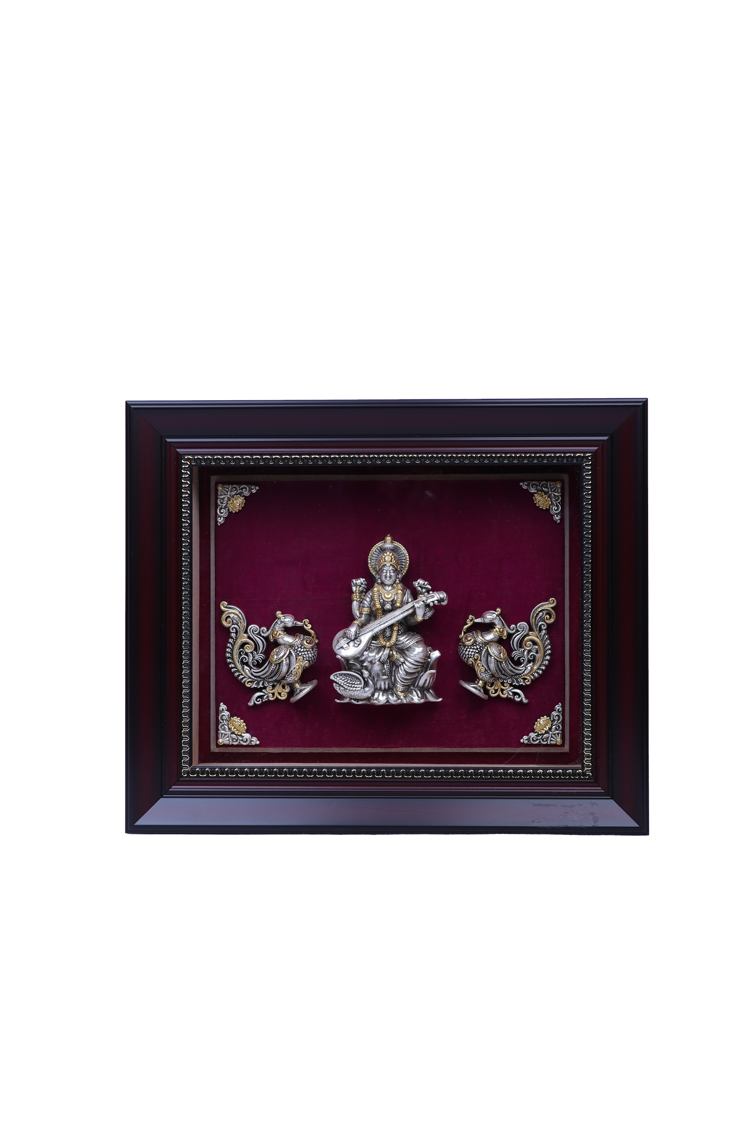Silver Saraswati Frame (12x10") Gold Plated Idols for Wisdom & Arts