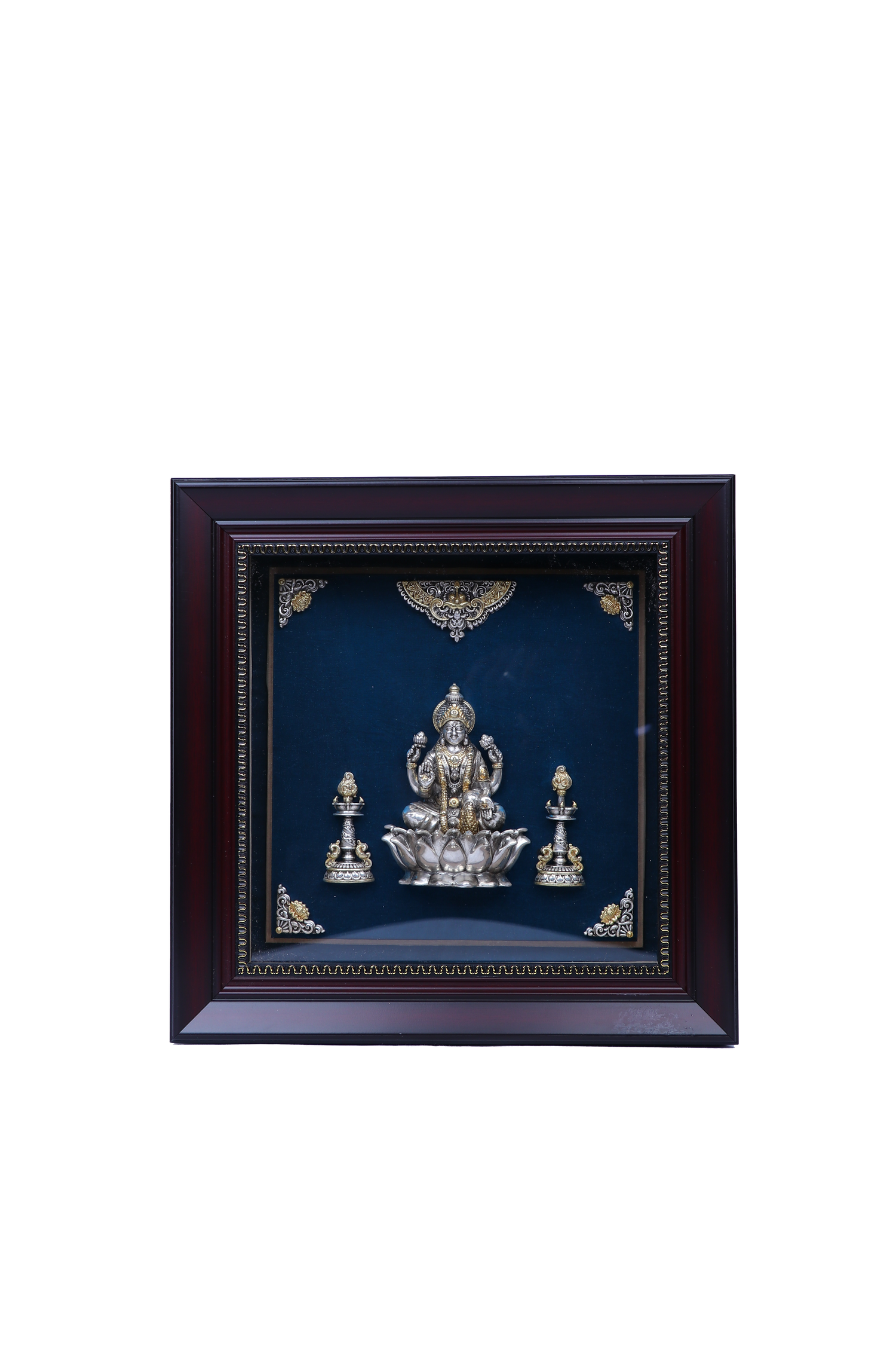 Silver Lakshmi Frame (11.3x11.3") 67g Idol with Diyas & Gold Plating