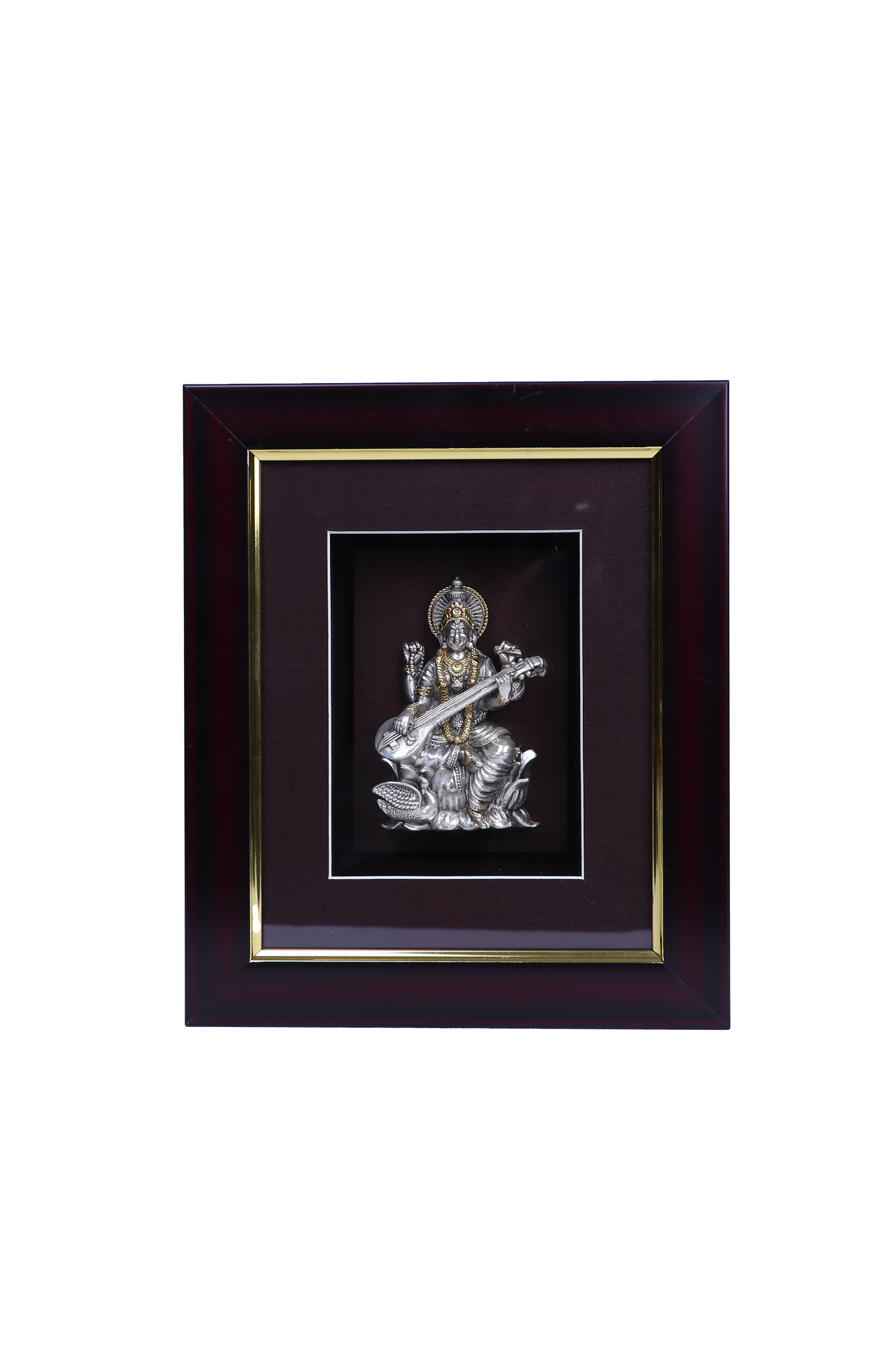 Silver Saraswati Frame (10x8") Gold Plated Idol for Pooja & Students