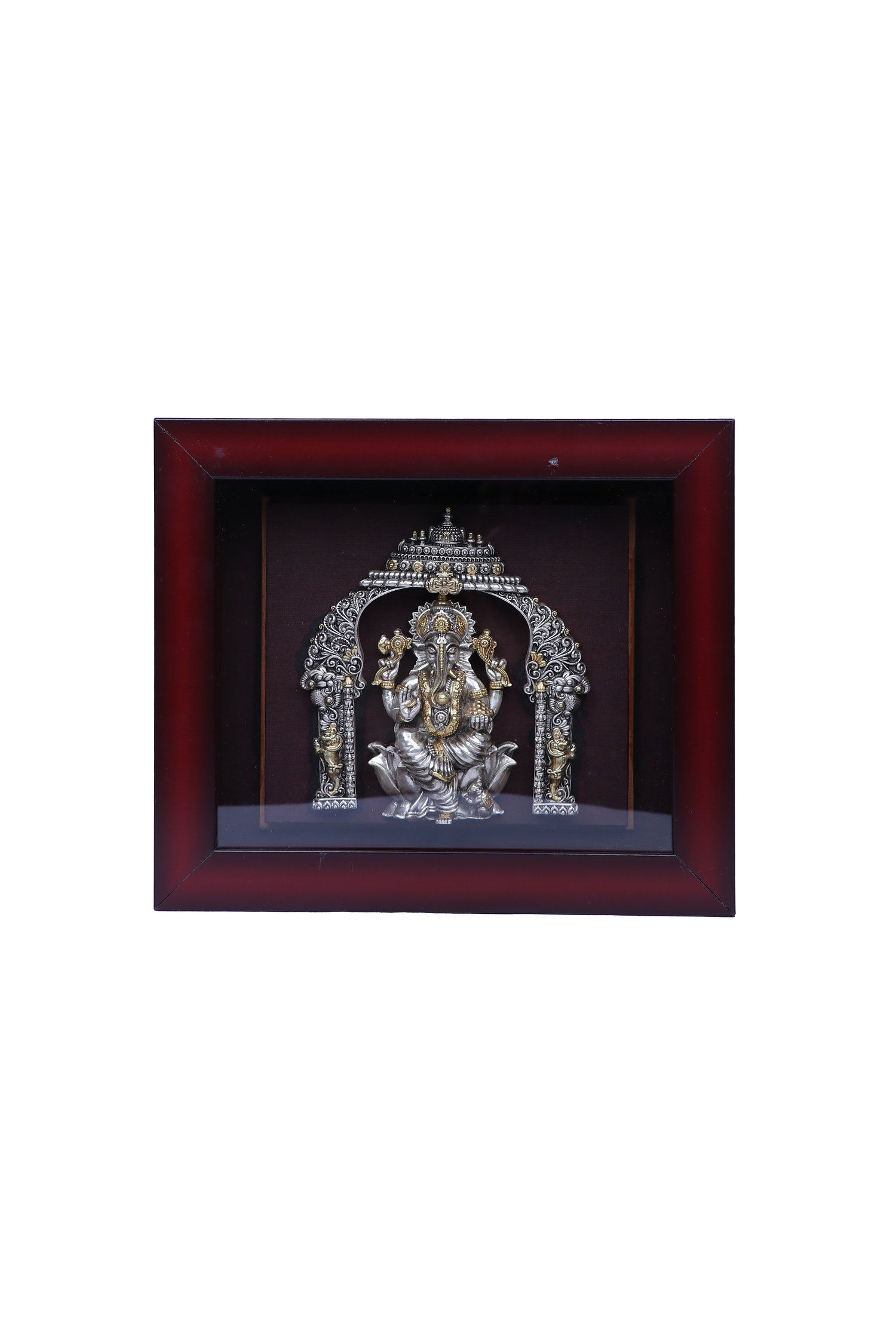 Silver Ganesha Frame (10x8") Gold Plated Idol with Arch for Pooja