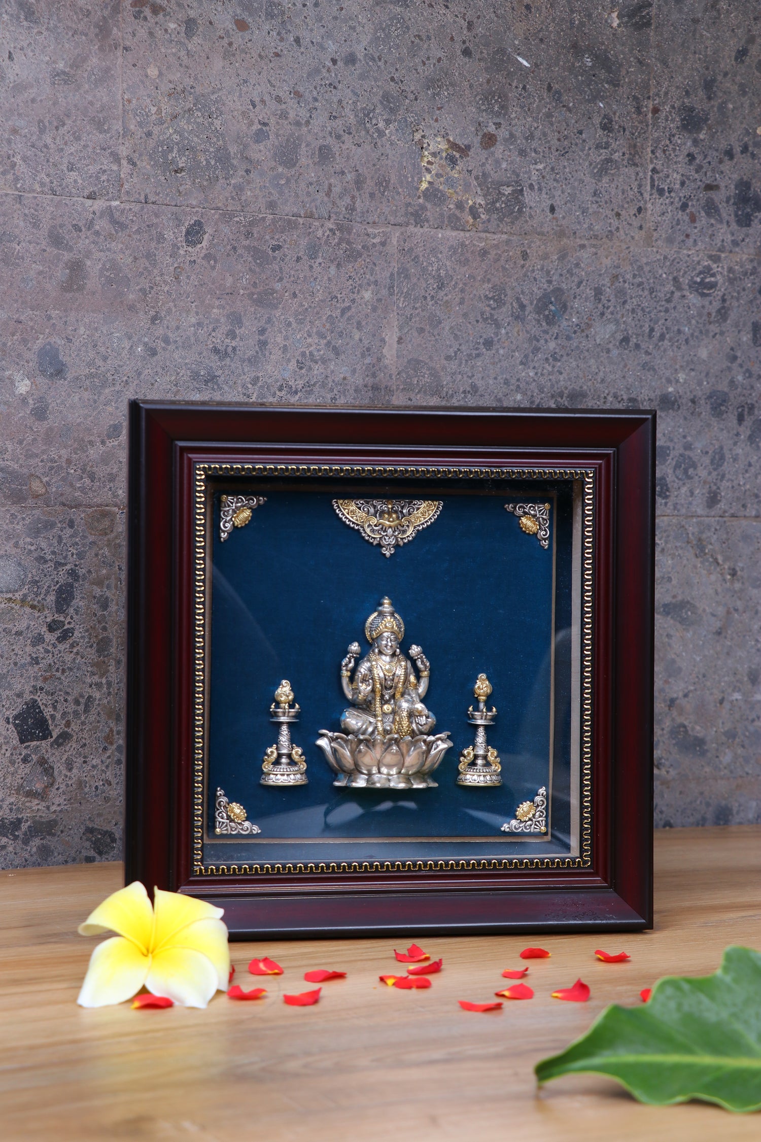 Silver Lakshmi Frame (11.3x11.3") 67g Idol with Diyas & Gold Plating