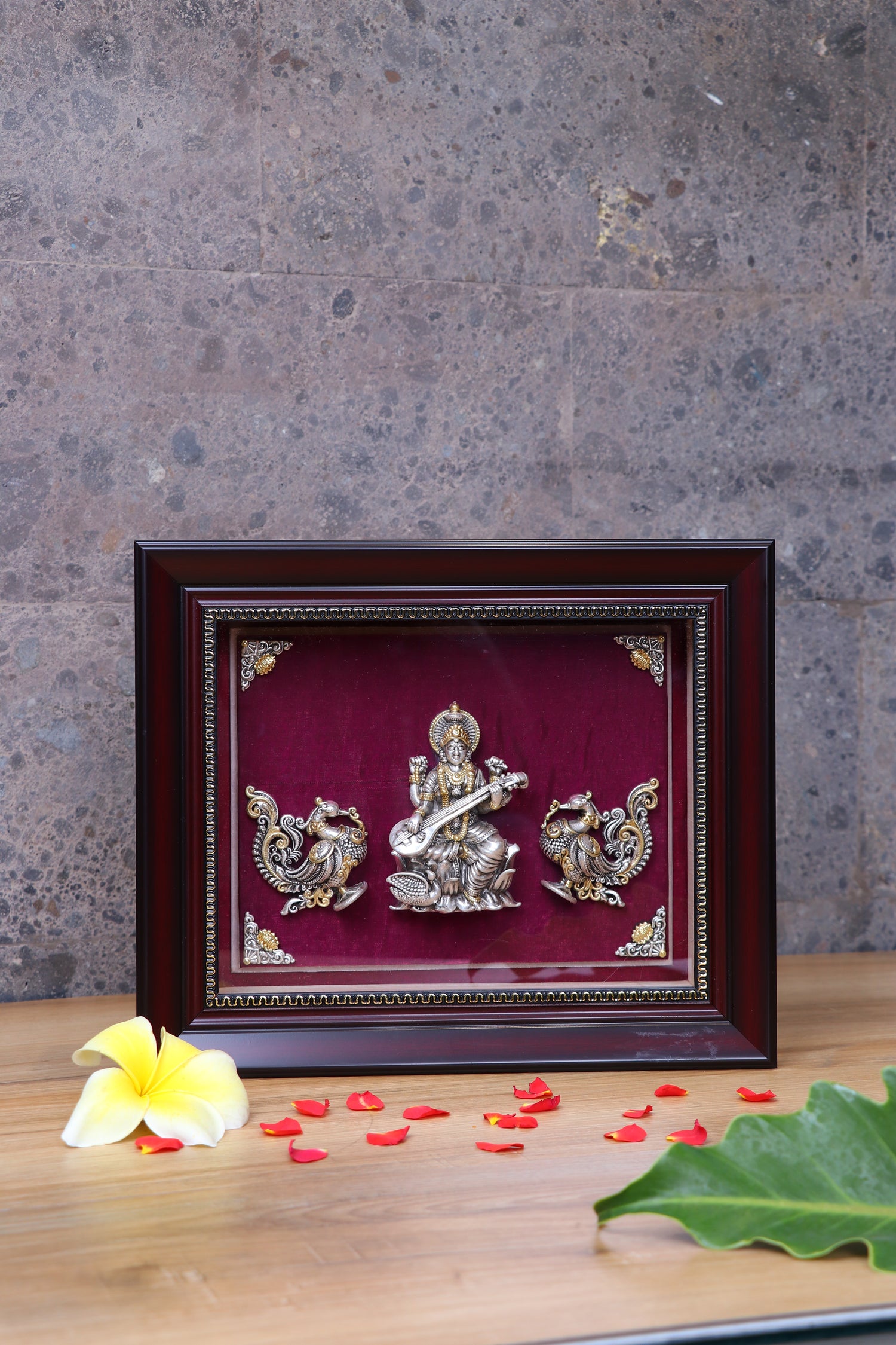 Silver Saraswati Frame (12x10") Gold Plated Idols for Wisdom & Arts