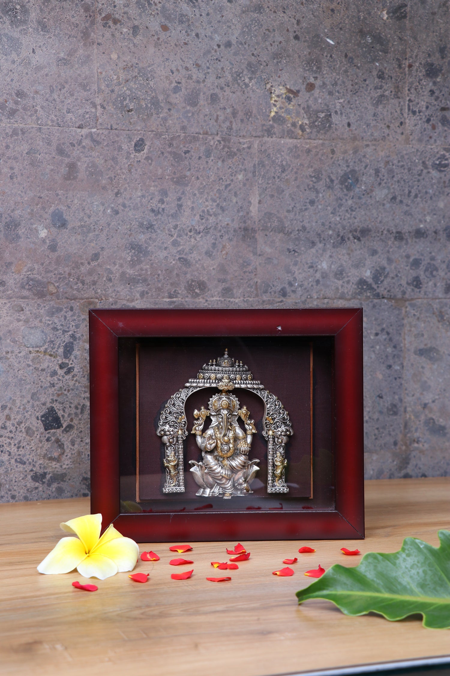 Silver Ganesha Frame (10x8") Gold Plated Idol with Arch for Pooja