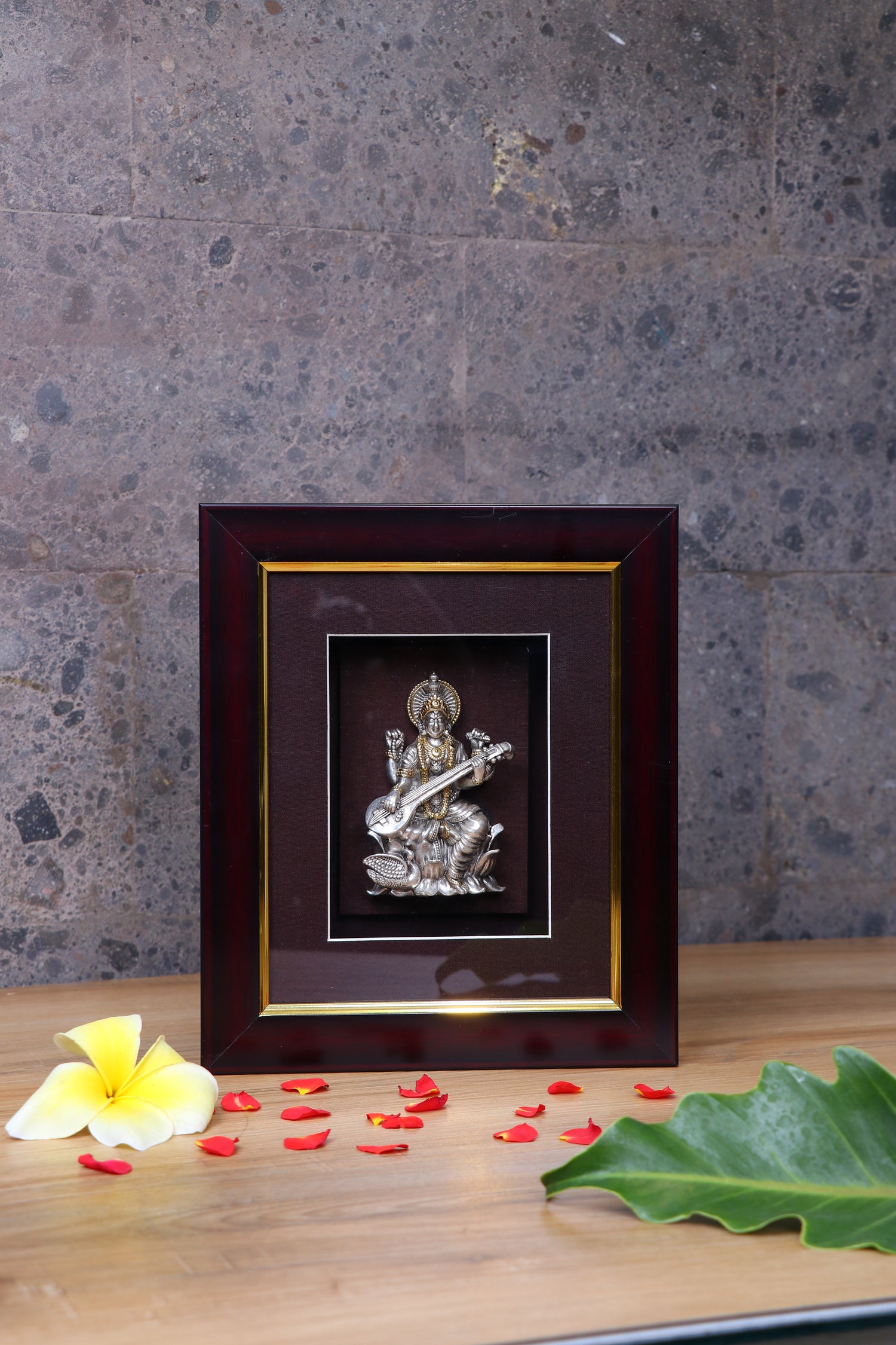 Silver Saraswati Frame (10x8") Gold Plated Idol for Pooja & Students