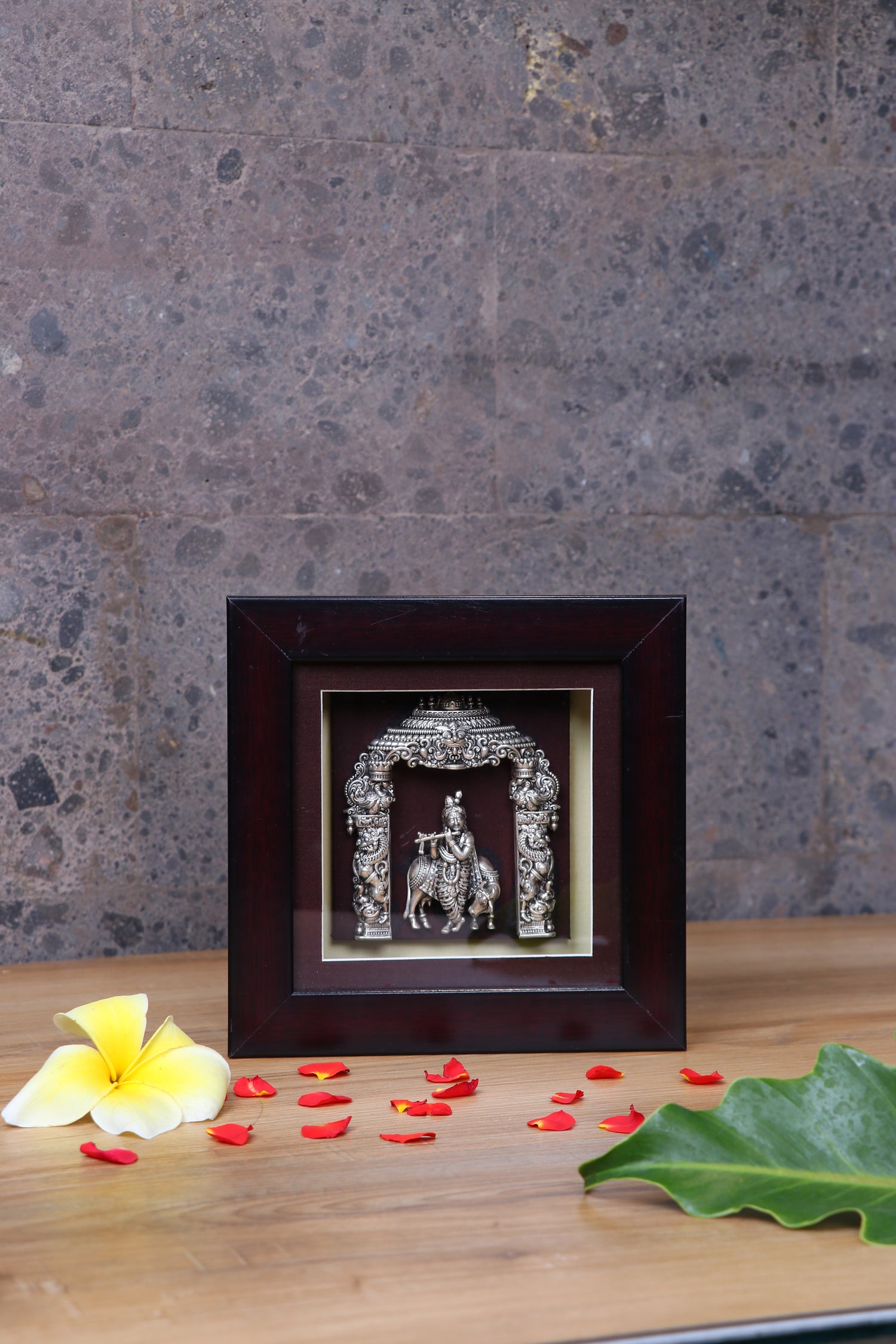 Silver Krishna with Cow Frame (8.6x7.5") for Pooja Mandir Art
