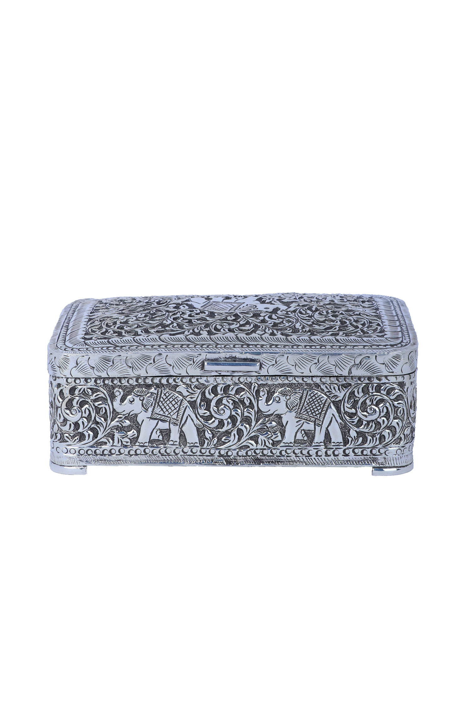 Heavy Silver Antique Jewellery Box with Intricate Carving