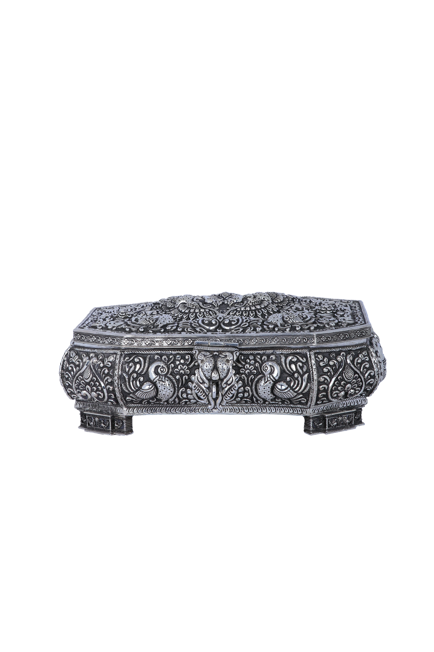 Luxury Pure 925 Silver Storage Box (813g) with Peacock Carving