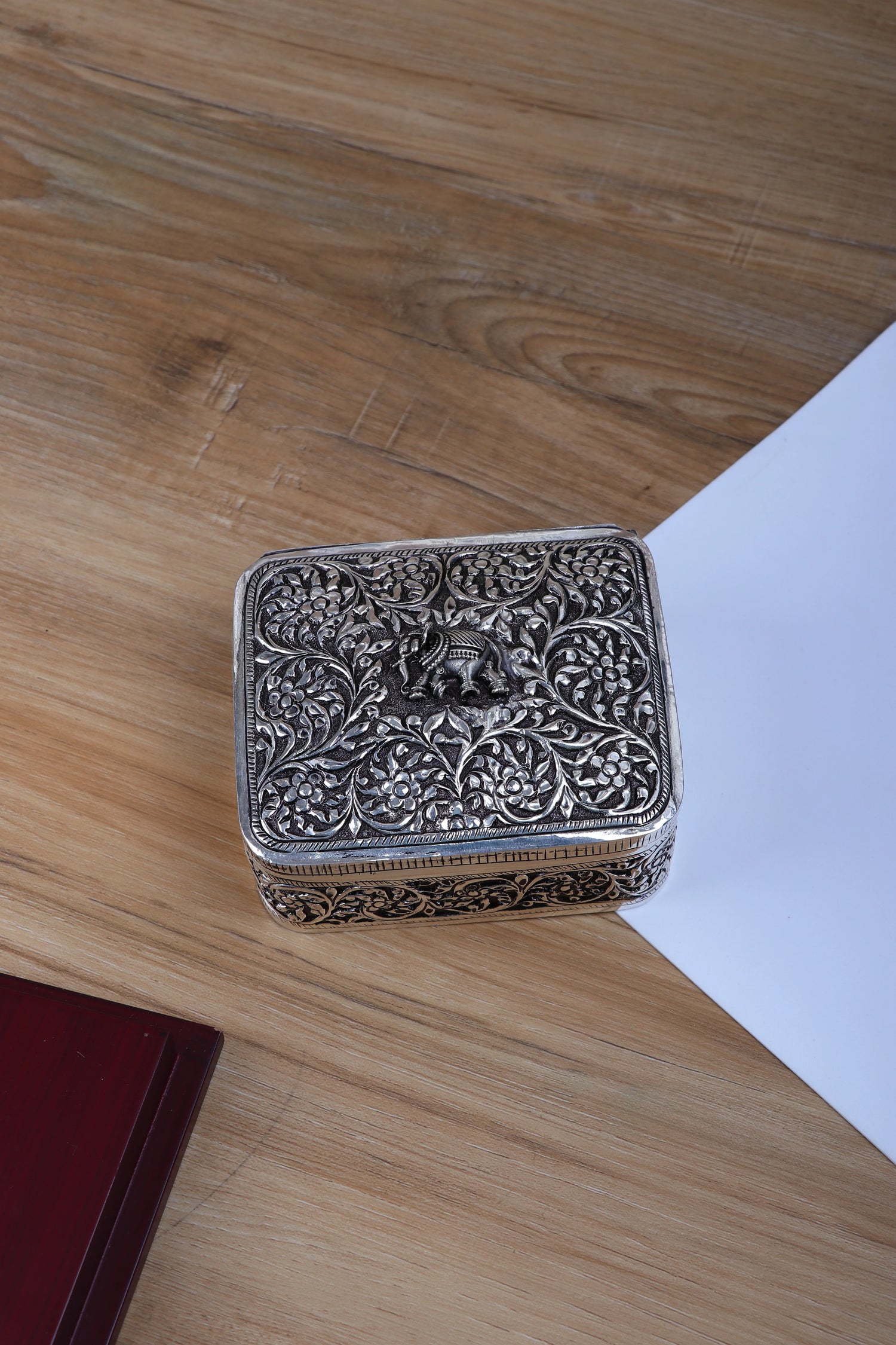 Pure 925 Silver Handcrafted Jewel Box with Elephant Motif