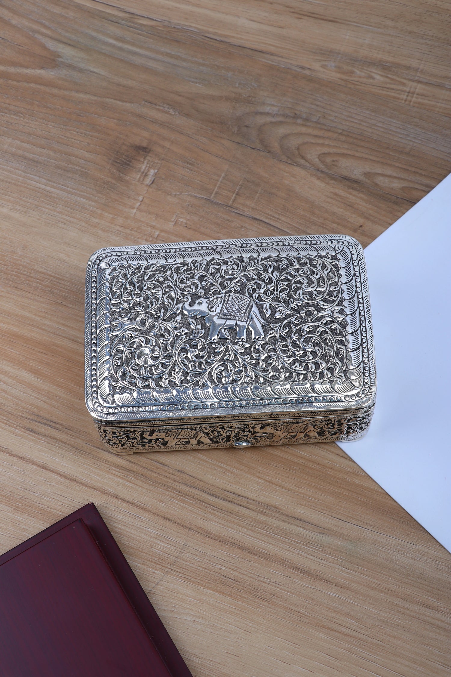 Heavy Silver Antique Jewellery Box with Intricate Carving