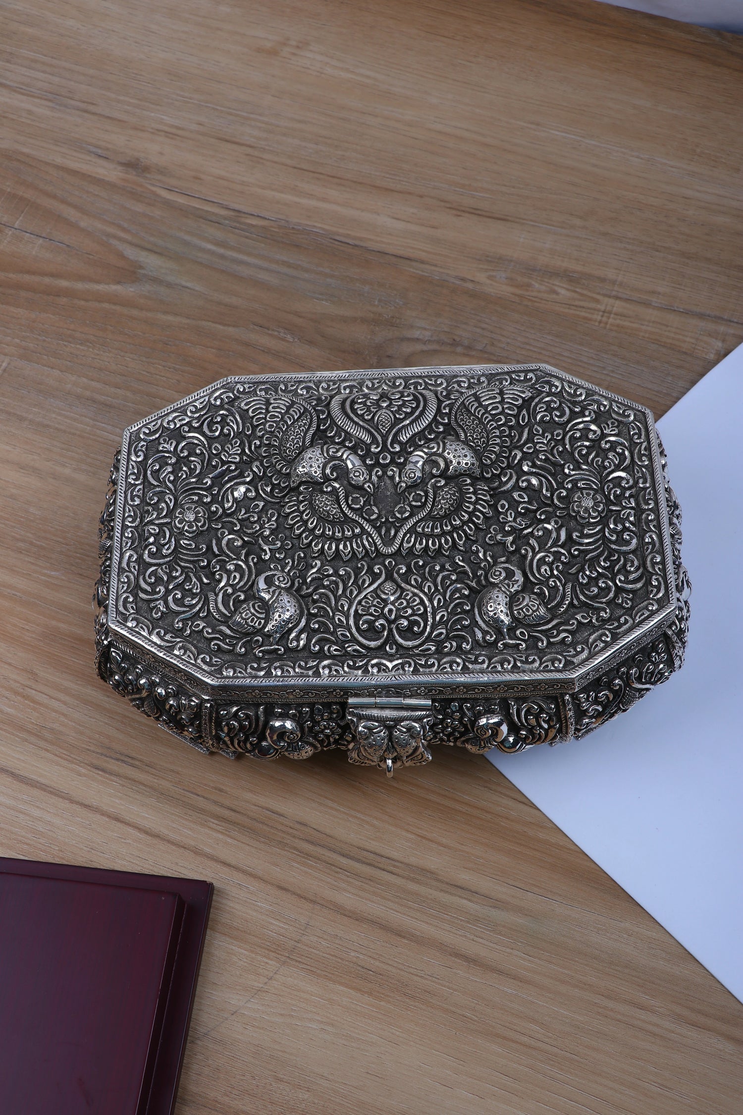 Luxury Pure 925 Silver Storage Box (813g) with Peacock Carving
