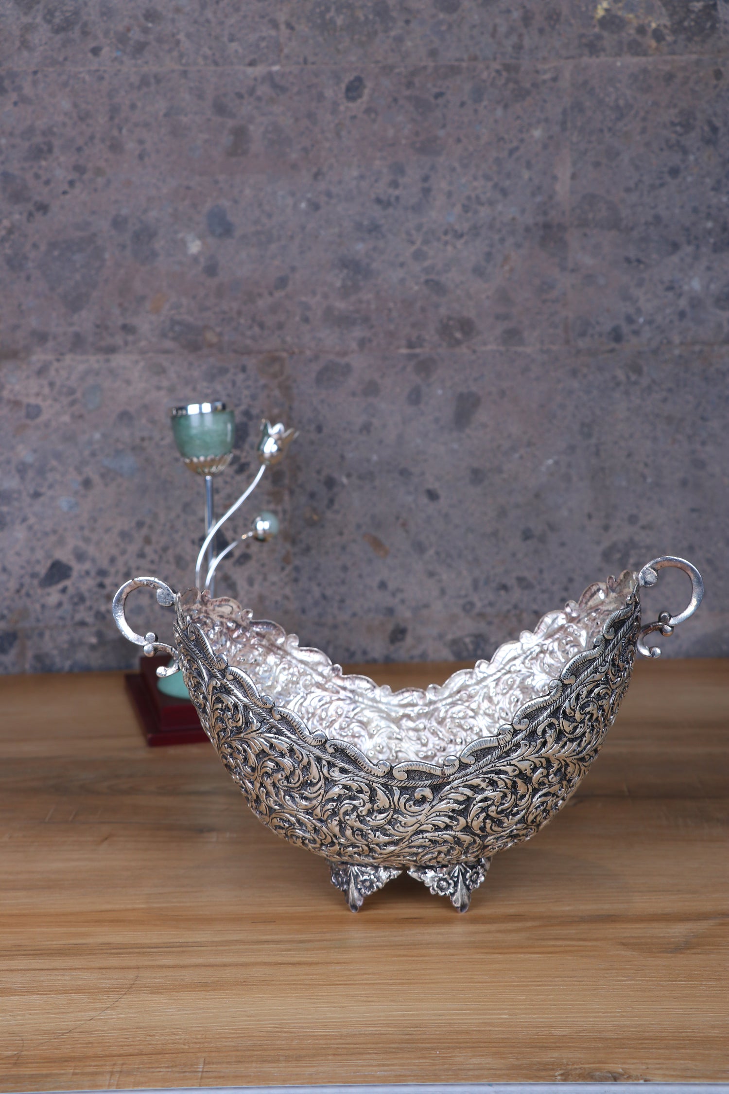 Pure 925 Silver Handcrafted Serving Bowl with Handles for Fruit