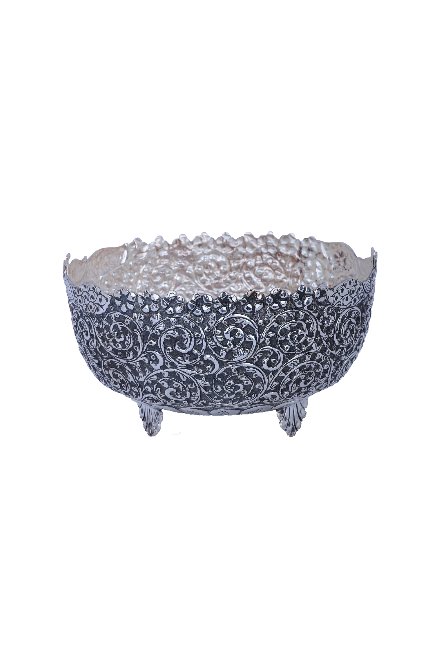 Indian Handcrafted Sterling Silver Openwork Filigree Bowl – Ornate Scalloped Heritage Centerpiece (411g, 3.5"x6.4")