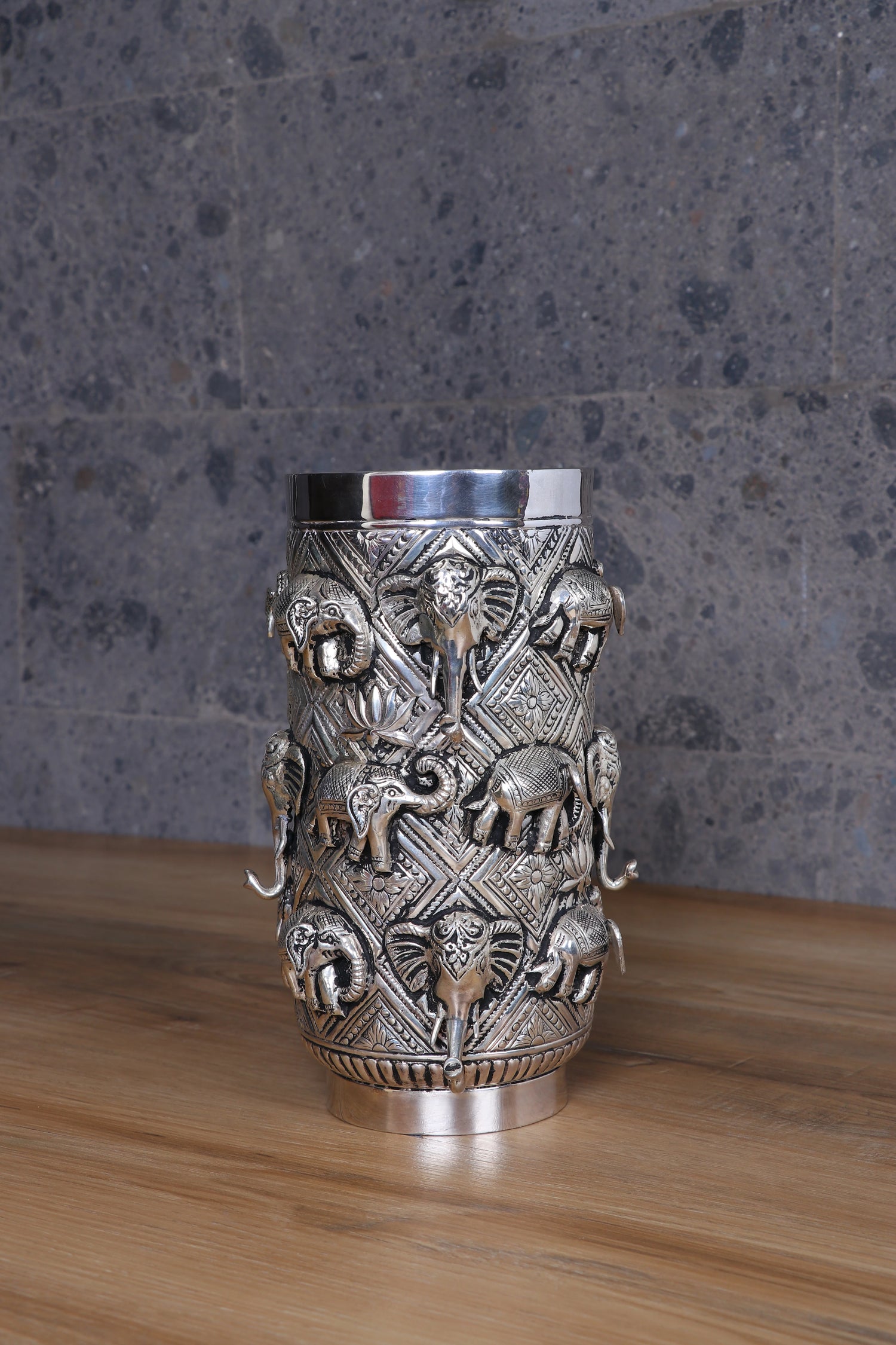 Pure 925 Silver Handcrafted Flower Vase with Elephant Motif