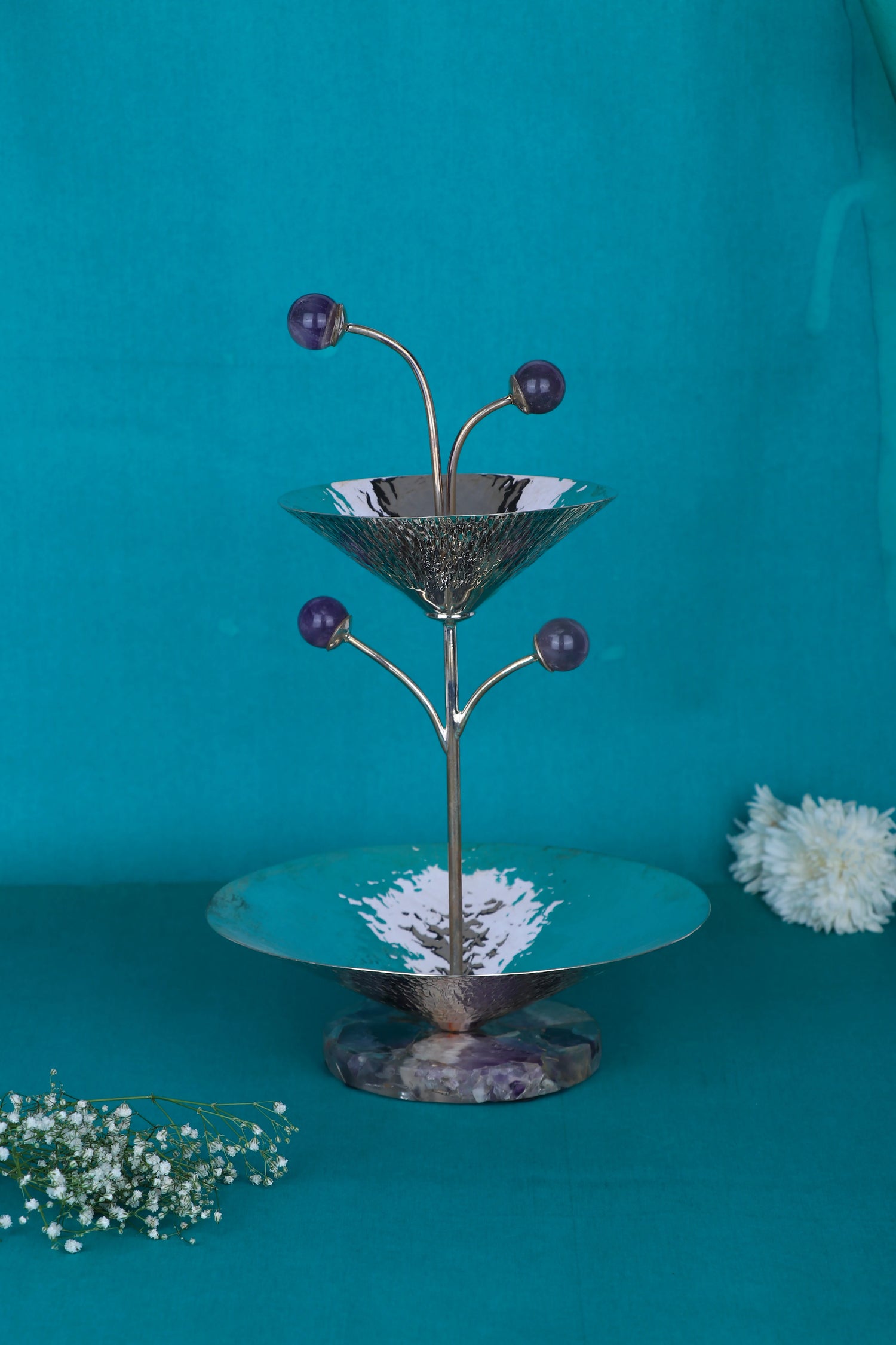 Handcrafted 483g Silver Two-Level Centerpiece with Gemstone Accents