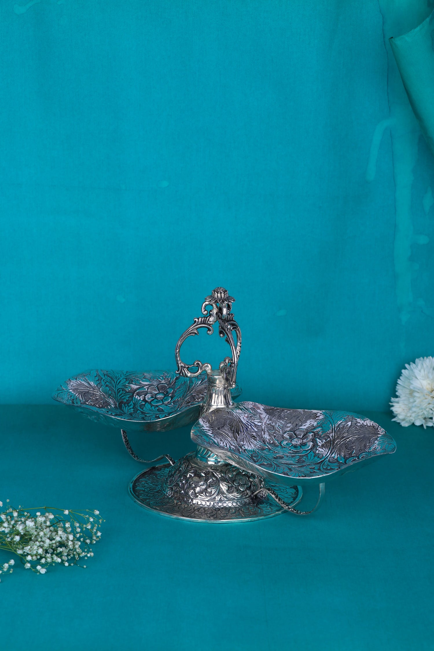 Massive 888g Silver Decorative Dual Bowl for Festive Centerpiece