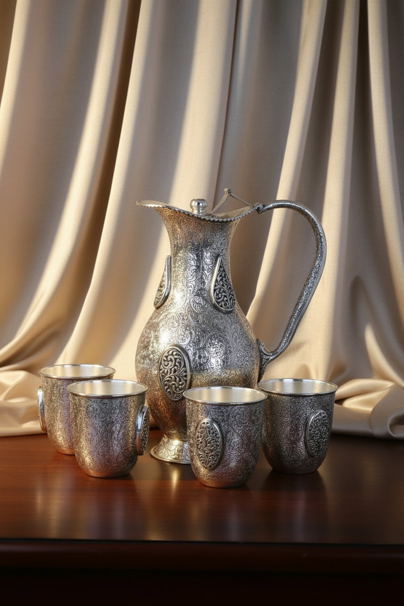 925 Sterling Silver Water Jug & Glasses Set (1624g) Antique Finish
