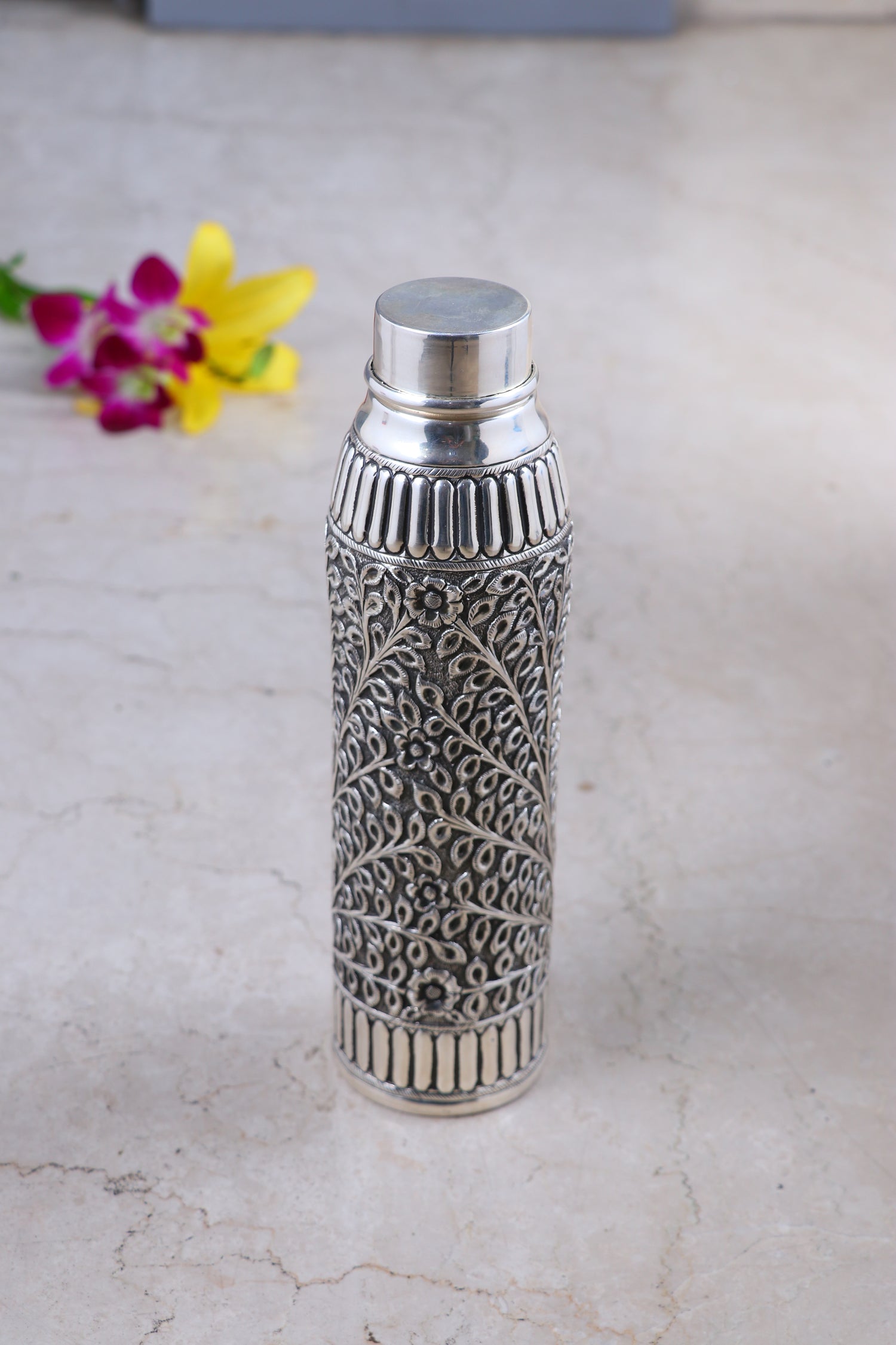 Pure 925 Silver Serving Bottle (553g) - Handcrafted Nakshi Floral Design