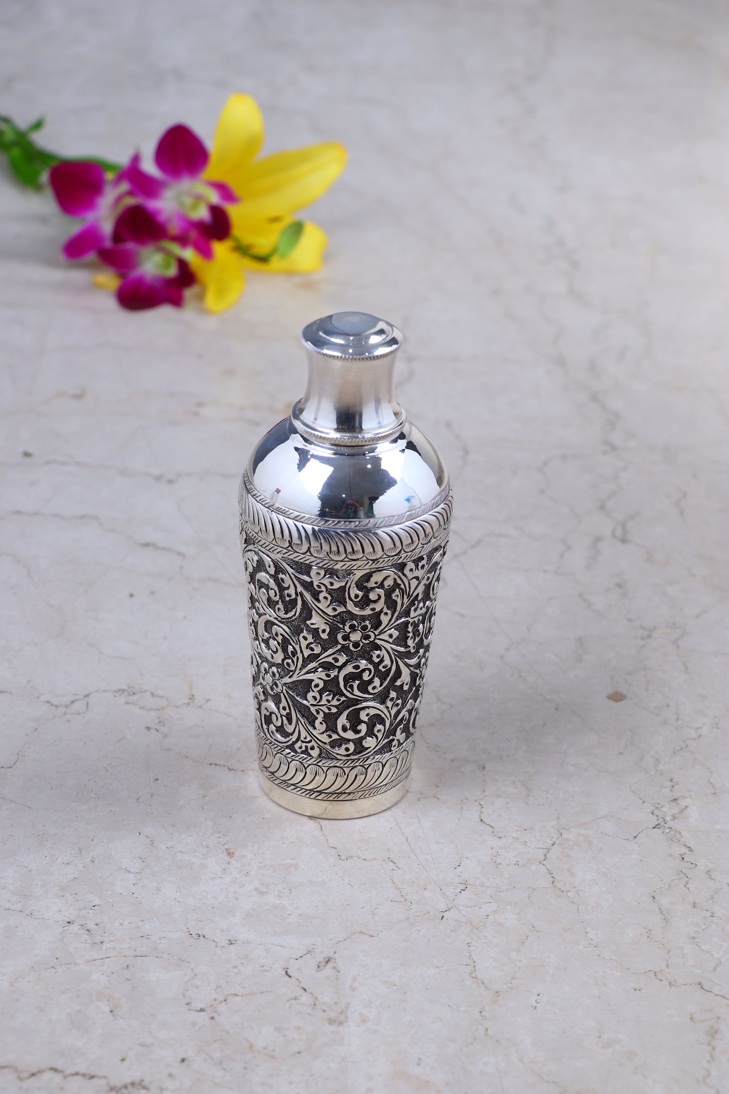 Pure 925 Silver Serving Bottle (272g) - Handcrafted Nakshi Floral Design