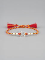 Sterling silver floral rakhi with pearl beads, red-yellow braided thread and tassel