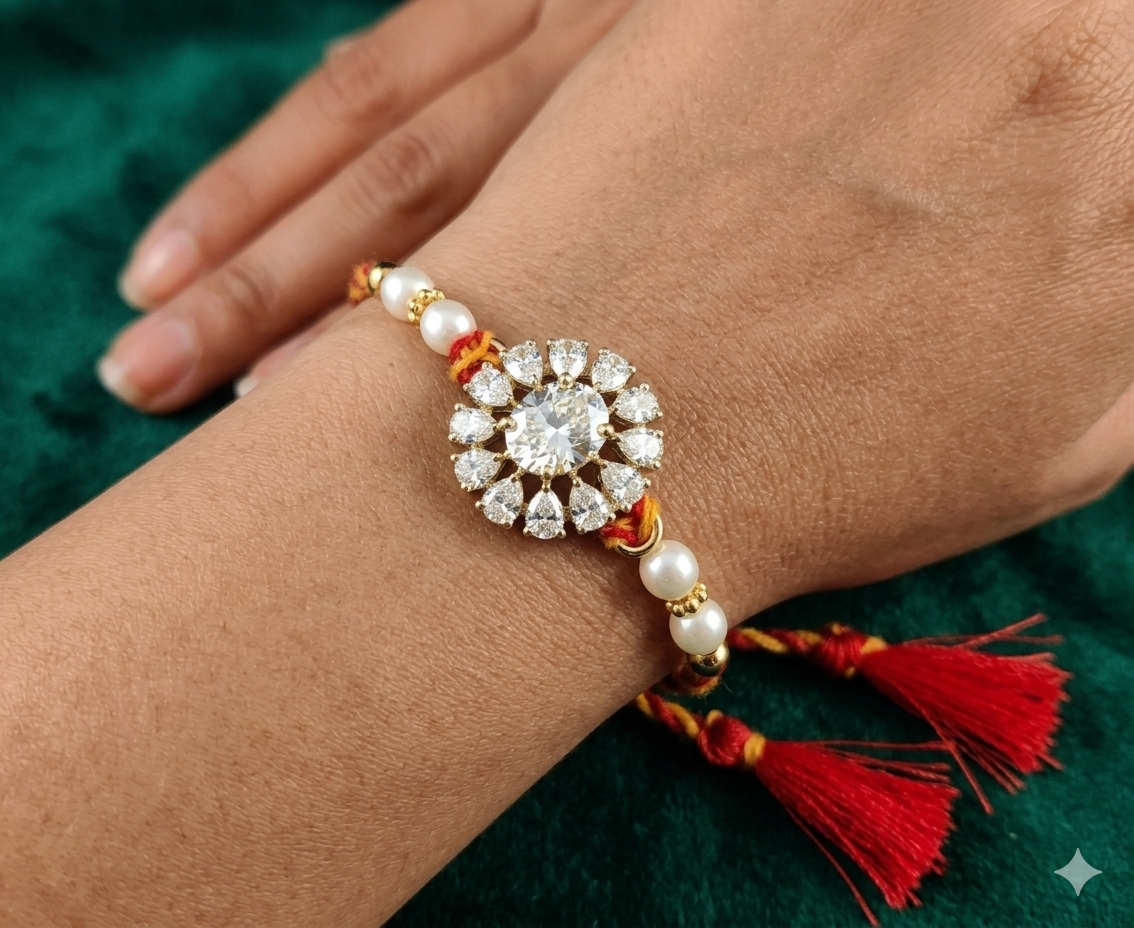 92.5 Sterling Silver Floral Rakhi with Pearl Beads for Brother