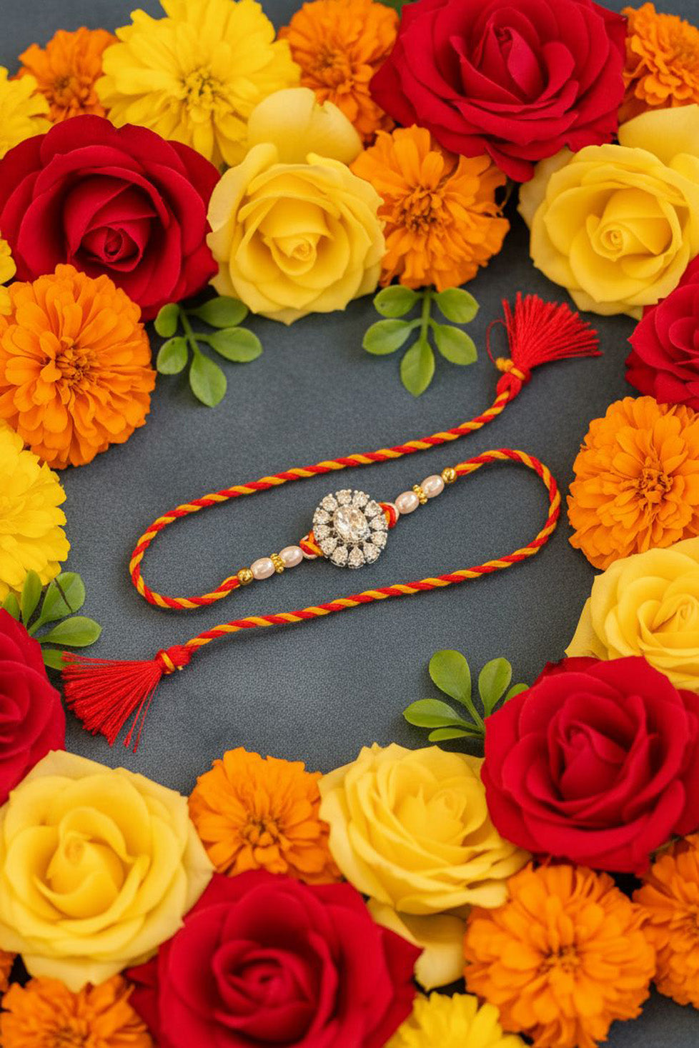 Sterling silver floral rakhi with pearl beads, red braided thread and two tassels