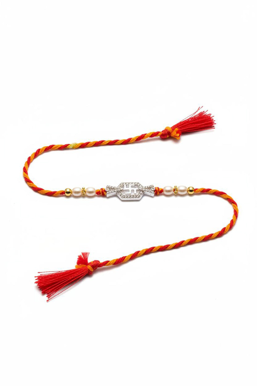 Sterling silver swastik rakhi bracelet with pearl beads, red thread and tassel
