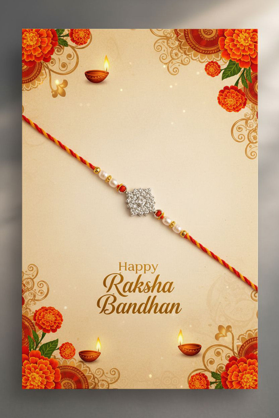 Sterling silver square motif rakhi with red-orange braided thread, pearl beads