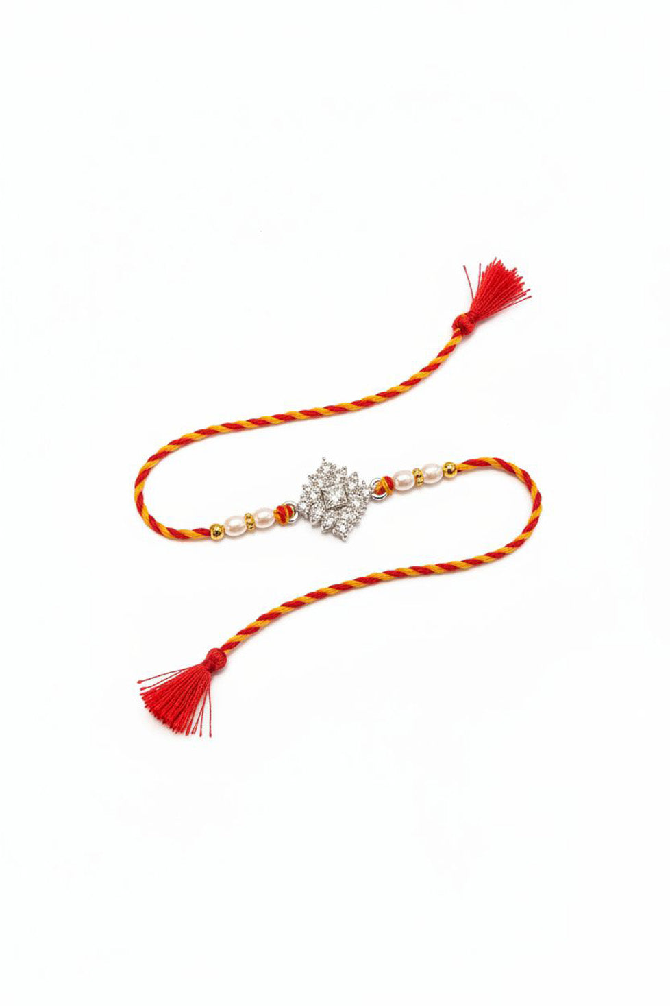 Sterling silver square motif rakhi, red braided thread with pearl beads and tassels