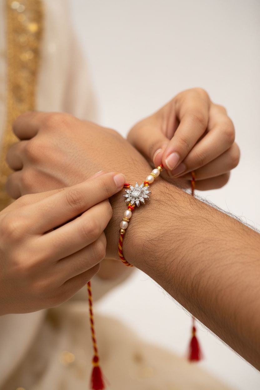 Silver sunburst rakhi with pearl beads on wrist, red tassels