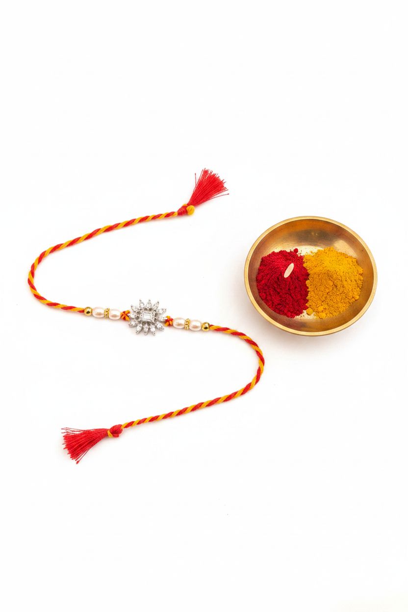 92.5 Sterling Silver Halo Flower Rakhi with Pearl Beads for Brother