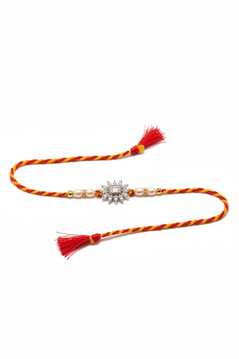 92.5 Sterling Silver Halo Flower Rakhi with Pearl Beads for Brother