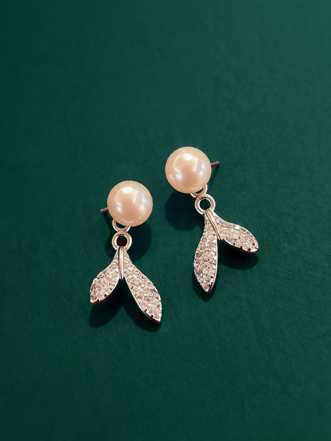 Pearl Drop Stud Earrings with Leaf Accent – 92.5 Pure Silver