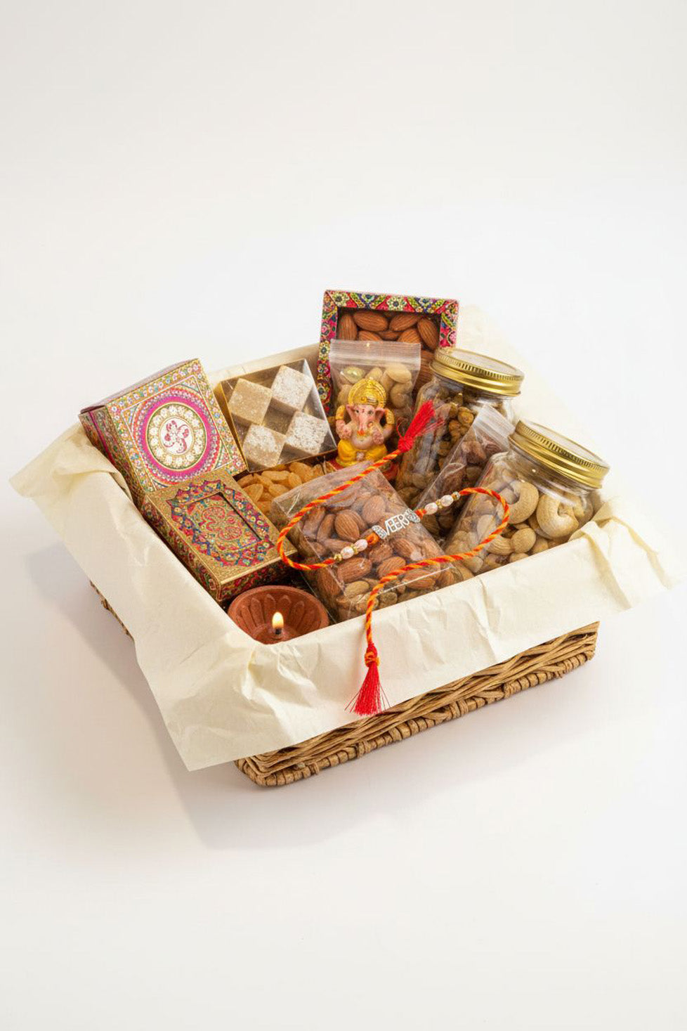 Rakhi thread with sterling name charm, pearl beads, and red tassels