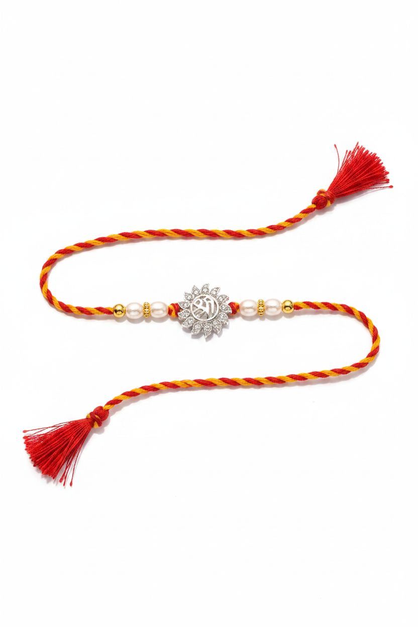 92.5 Sterling Silver Lotus Motif Rakhi with Pearl Beads for Brother