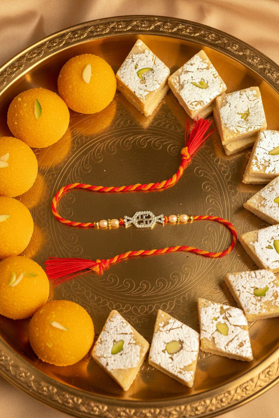 Sterling silver swastik rakhi with pearl beads, red thread, and side tassels
