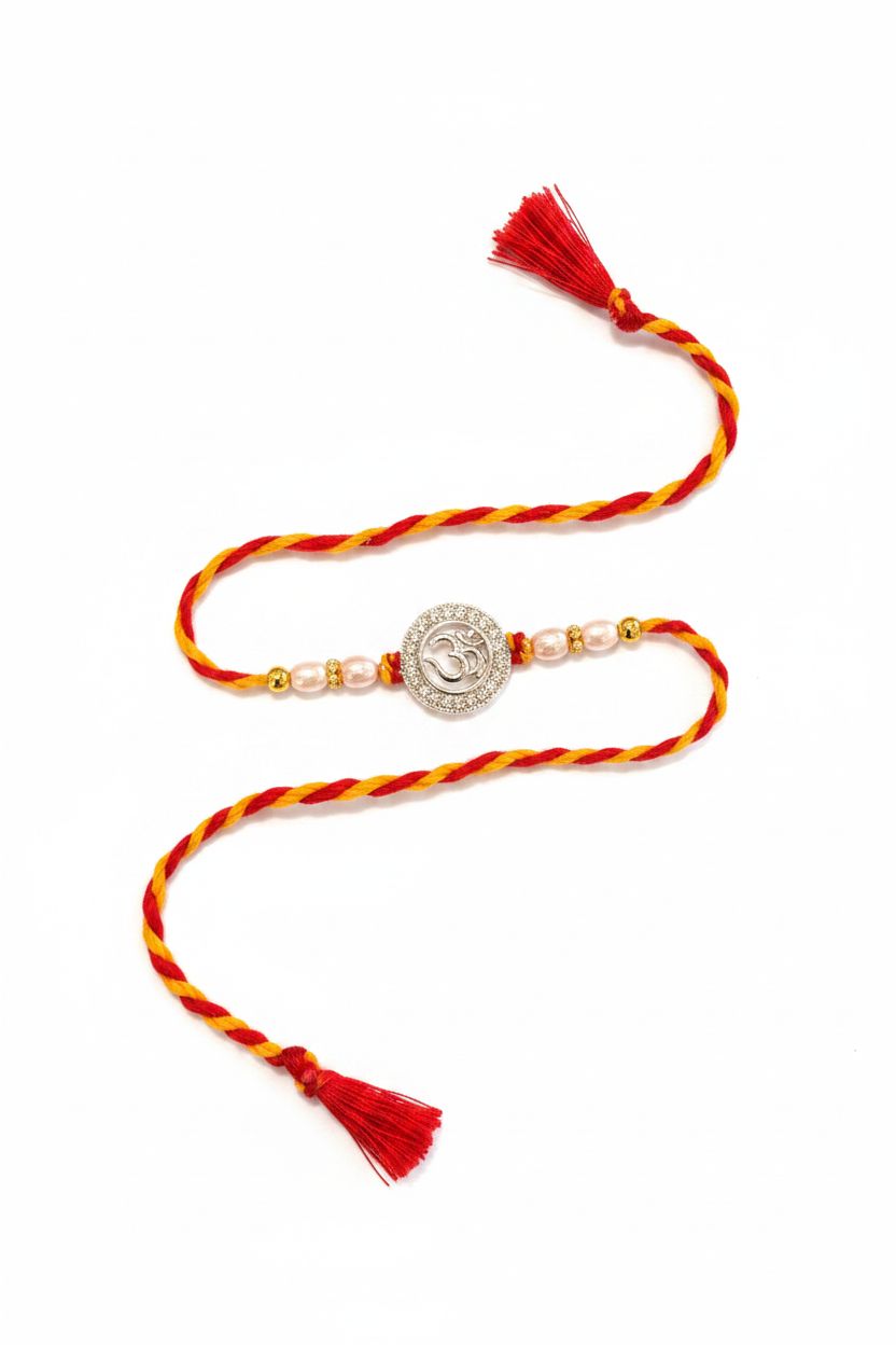 92.5 Sterling Silver Minimal Om Rakhi with Pearl Beads for Brother