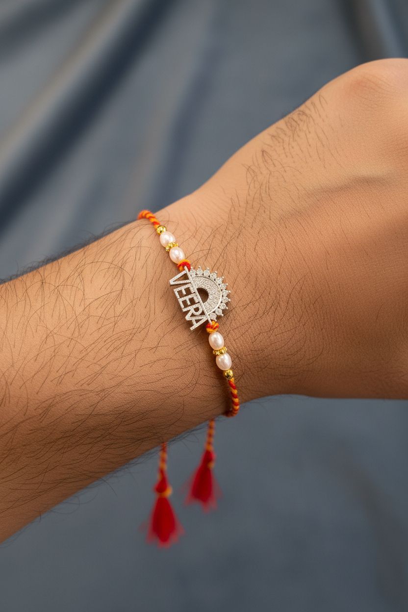 92.5 Sterling Silver Personalised Veera Name Rakhi with Pearl Beads for Brother