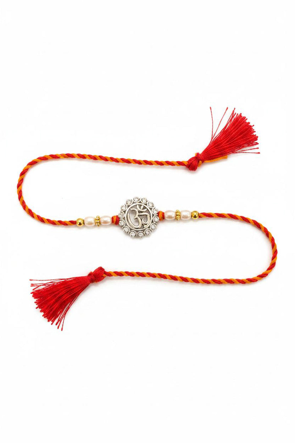 Sterling silver rakhi with round halo pendant, pearl beads, red thread and tassels