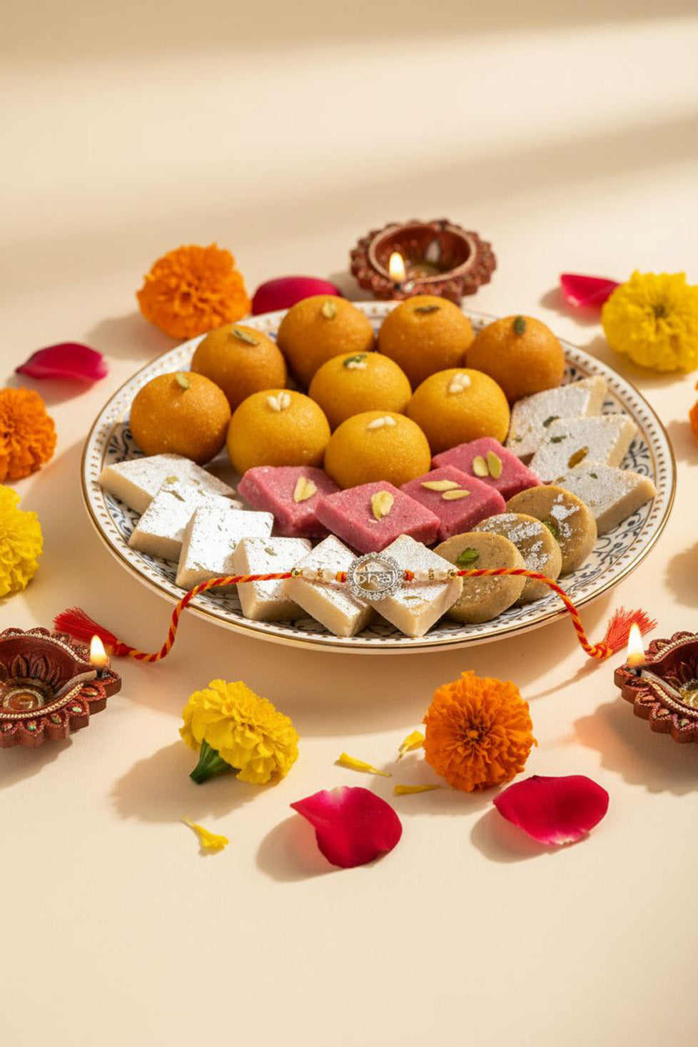 Tray of Indian sweets with nuts and decorative pieces