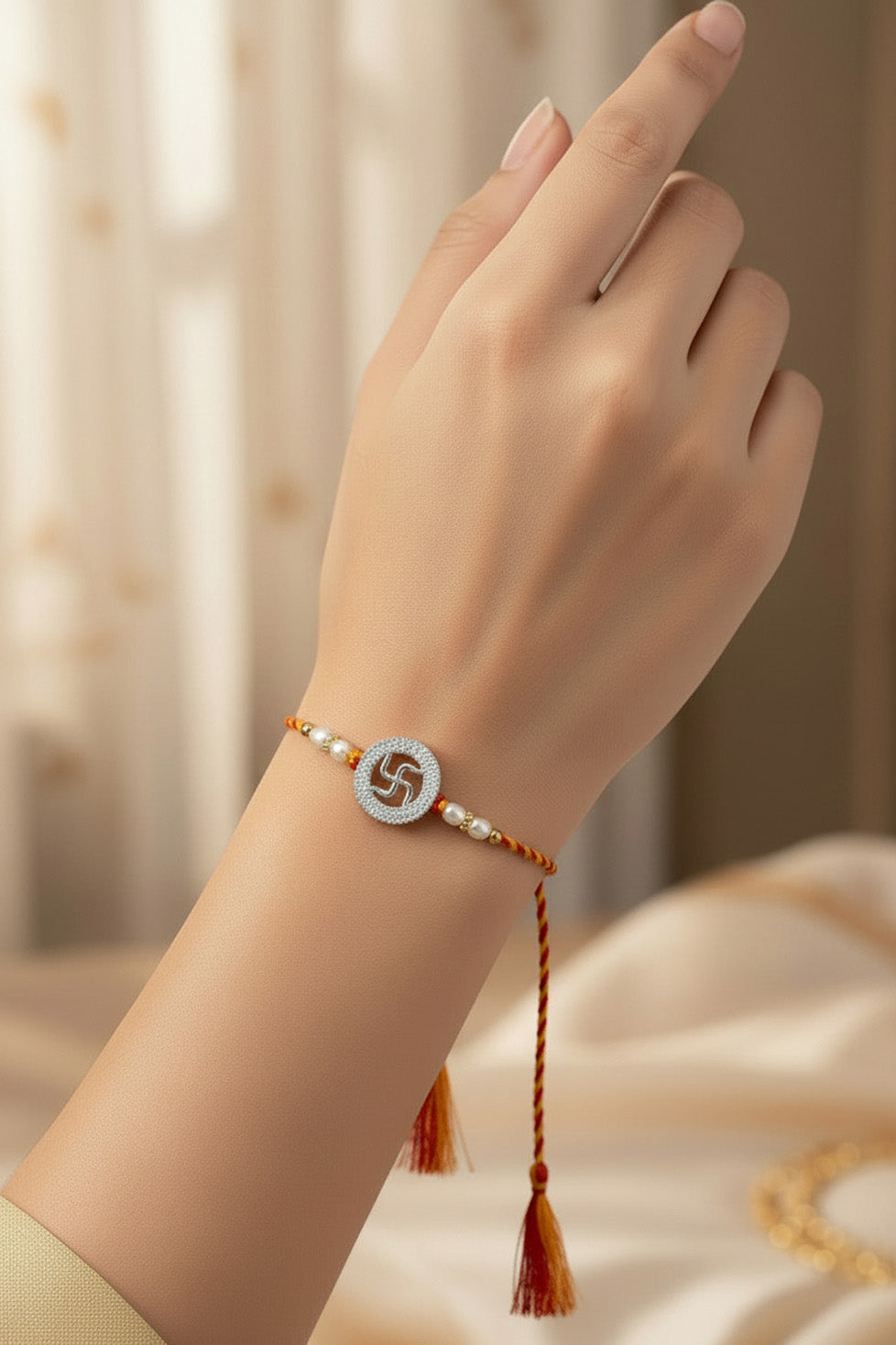 Sterling silver rakhi on wrist with circular swastik charm, white pearls, red-yellow thread