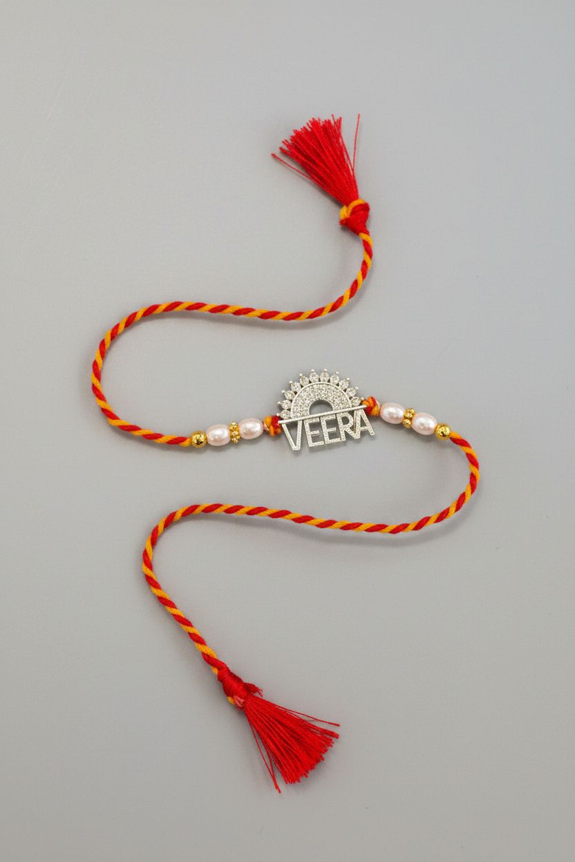 92.5 Sterling Silver Personalised Veera Name Rakhi with Pearl Beads for Brother