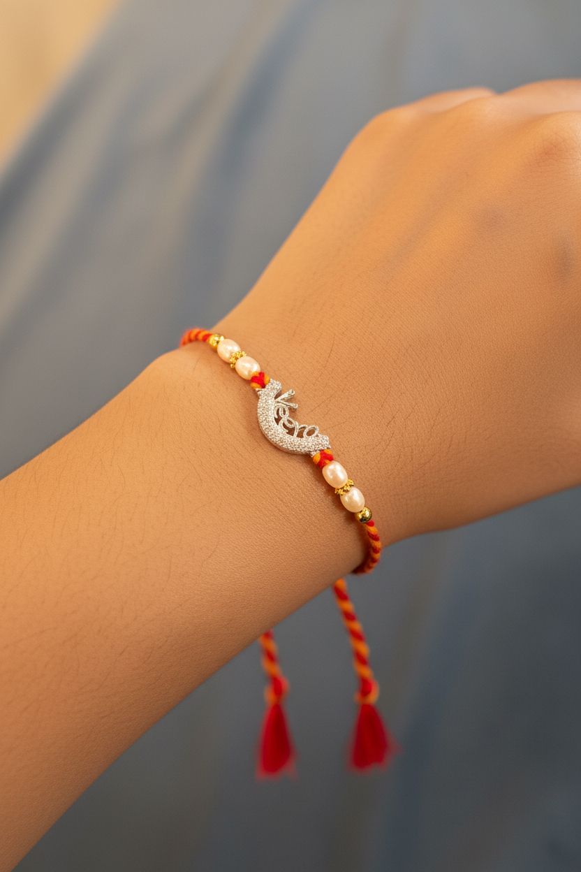 92.5 Sterling Silver Personalised Name Rakhi with Pearl Beads for Brother