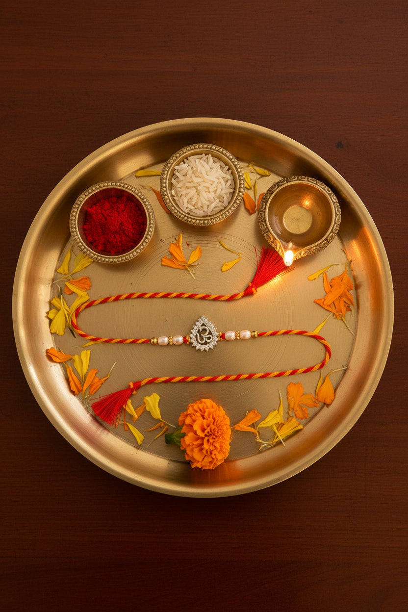 Sterling silver Om teardrop rakhi with pearl beads on red thread