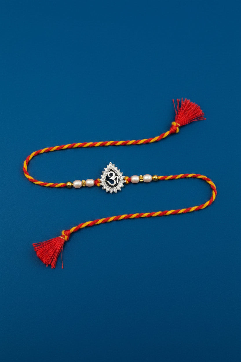 92.5 Sterling Silver Om Teardrop Rakhi with Pearl Beads for Brother