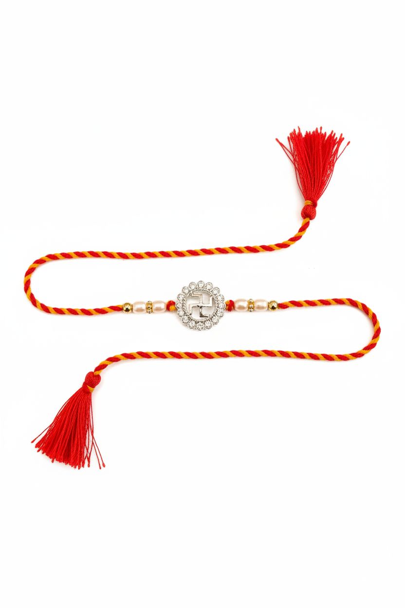 92.5 Sterling Silver Swastik Medallion Rakhi with Pearl Beads for Brother
