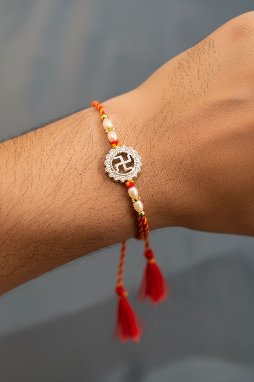 92.5 Sterling Silver Swastik Medallion Rakhi with Pearl Beads for Brother