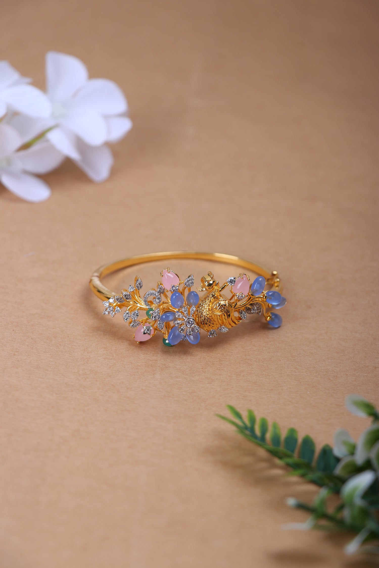 92.5 Pure Silver Floral Peacock Statement Bracelet – (Gold Finish)