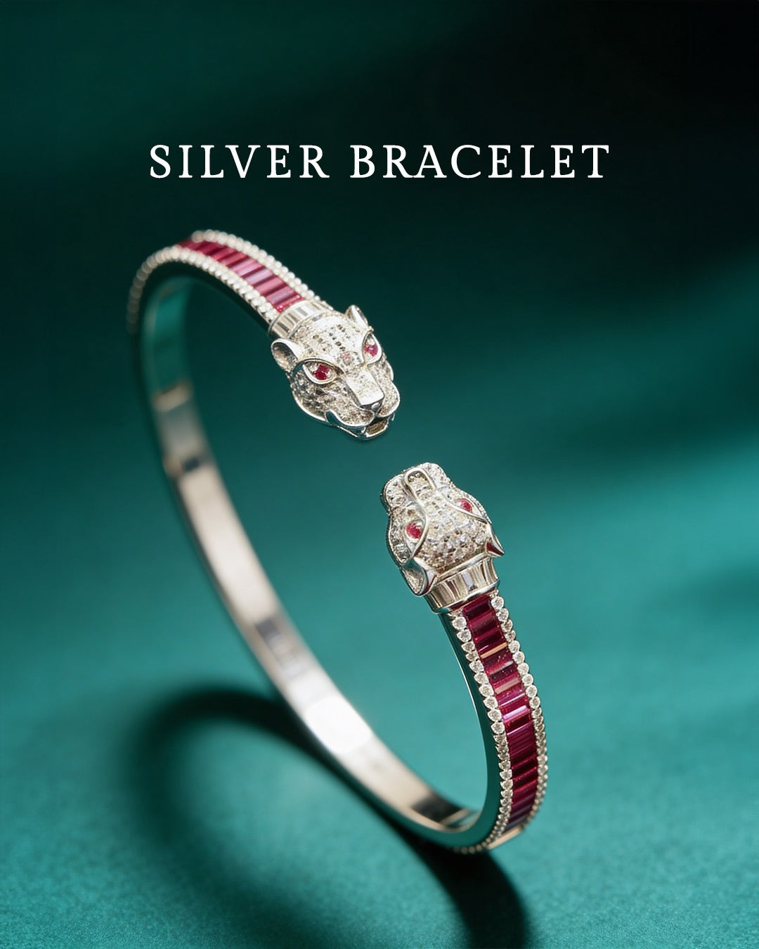 92.5 Pure Silver Panther Red Stone Bracelet - SJBS-358014